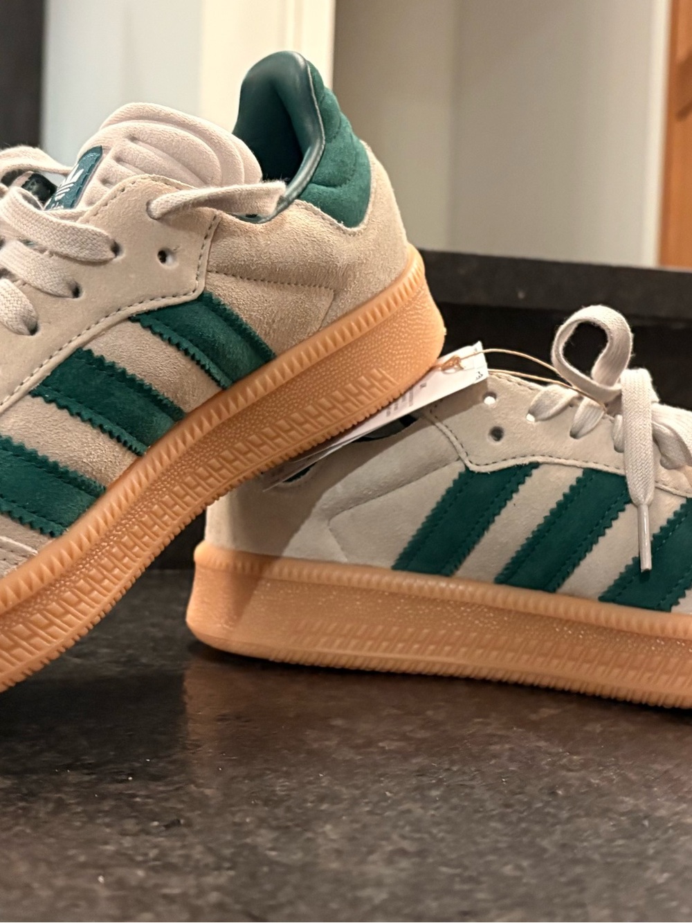 adidas Samba Suede Sneakers in Cream with Green Stripes and Gum Sole - Picture 6 of 6